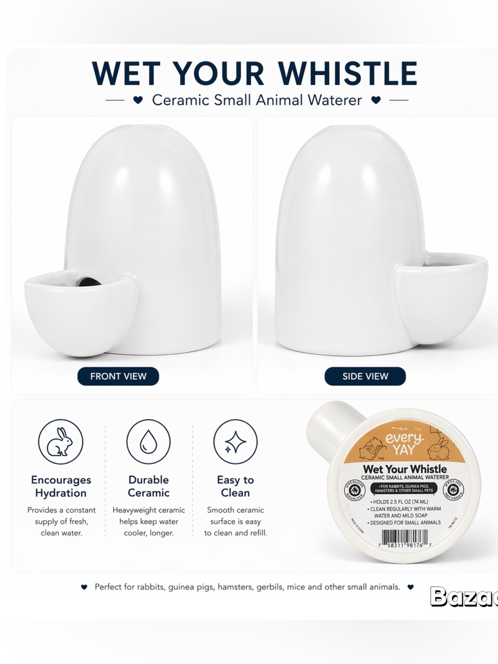 Every Yay Wet Your Whistle White Small Animal Pet Ceramic 8oz Water Bowl